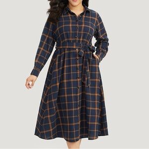 BloomChic Navy and Brown Plaid Flannel Long Sleeve Dress Plus Size 2X